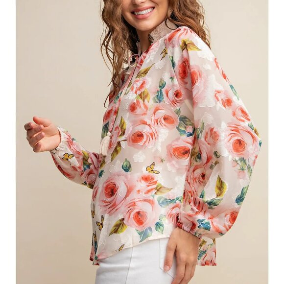 NWT CHIFFON BIG ROSE BUTTERFLY PRINTED SMOCKED DETAIL BLOUSE - Picture 3 of 5